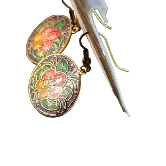 Vintage Oval Cloisonne Pink Merigold Floral Earrings - Picture 3 of 6